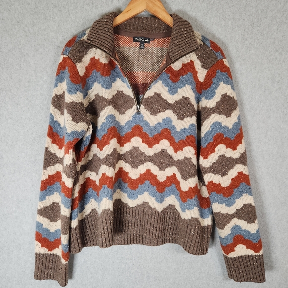 Toad&Co Wilde Sweater Womens XL Brown Blue Zigzag Zip Non Mulesed Wool Blend - Picture 2 of 9